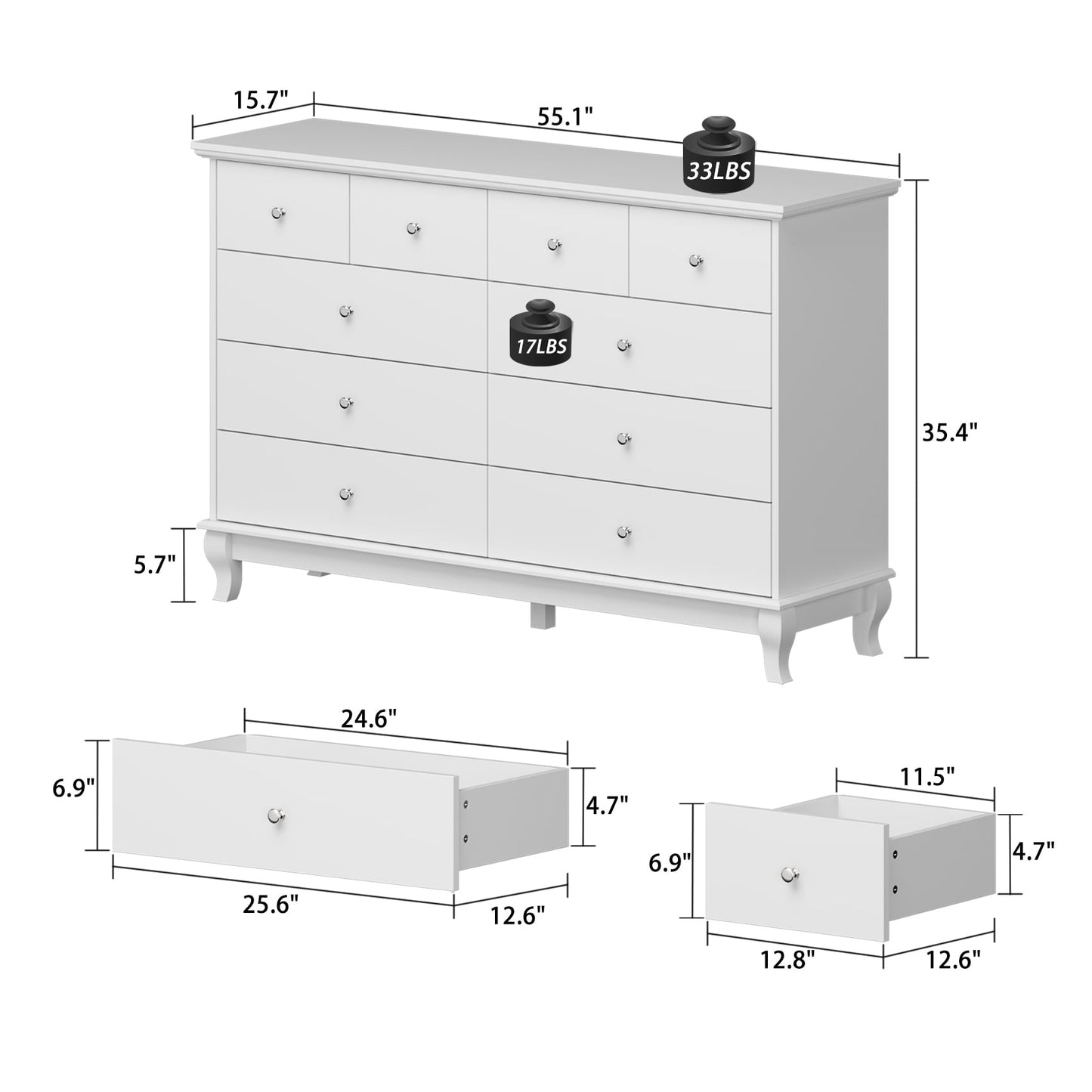 Commode double de 55,1 po de large avec tiroirs de rangement