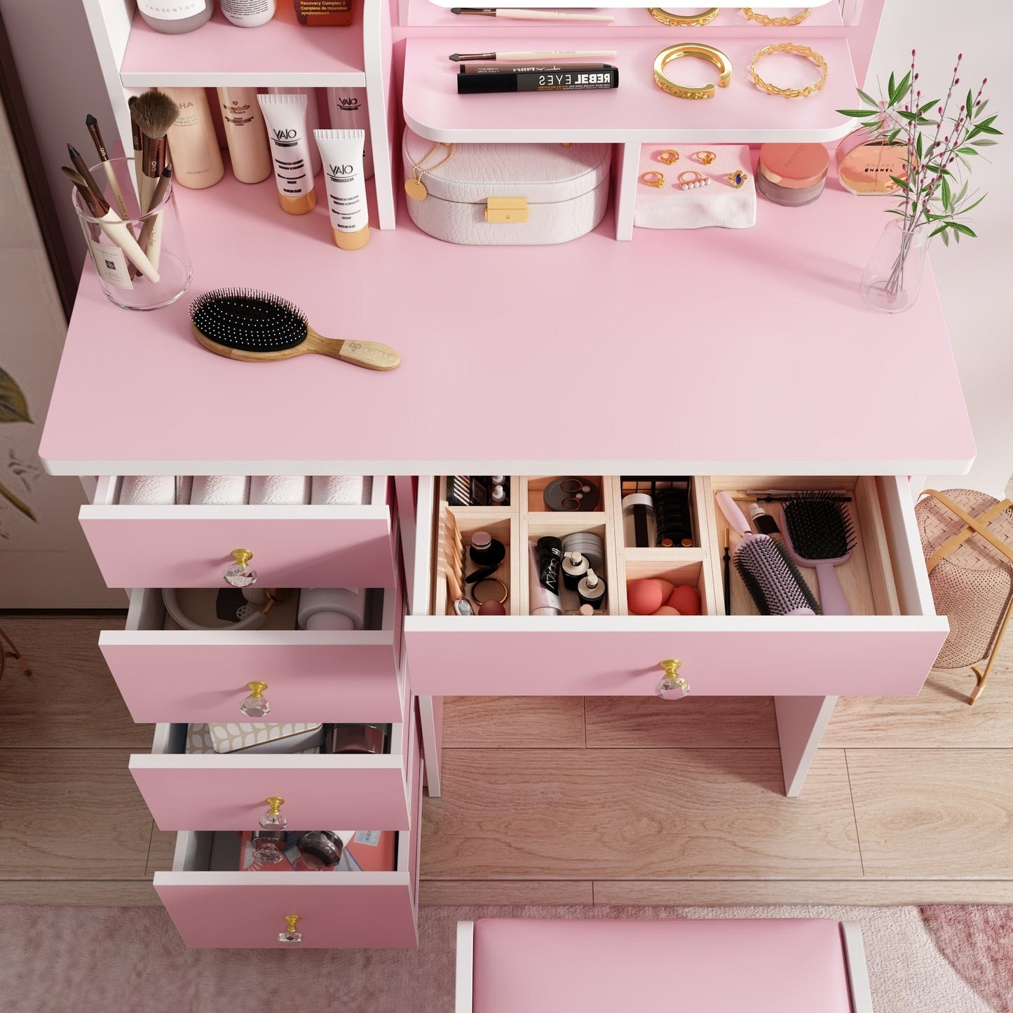 Ensemble coiffeuse avec lumière LED, miroir et tabouret