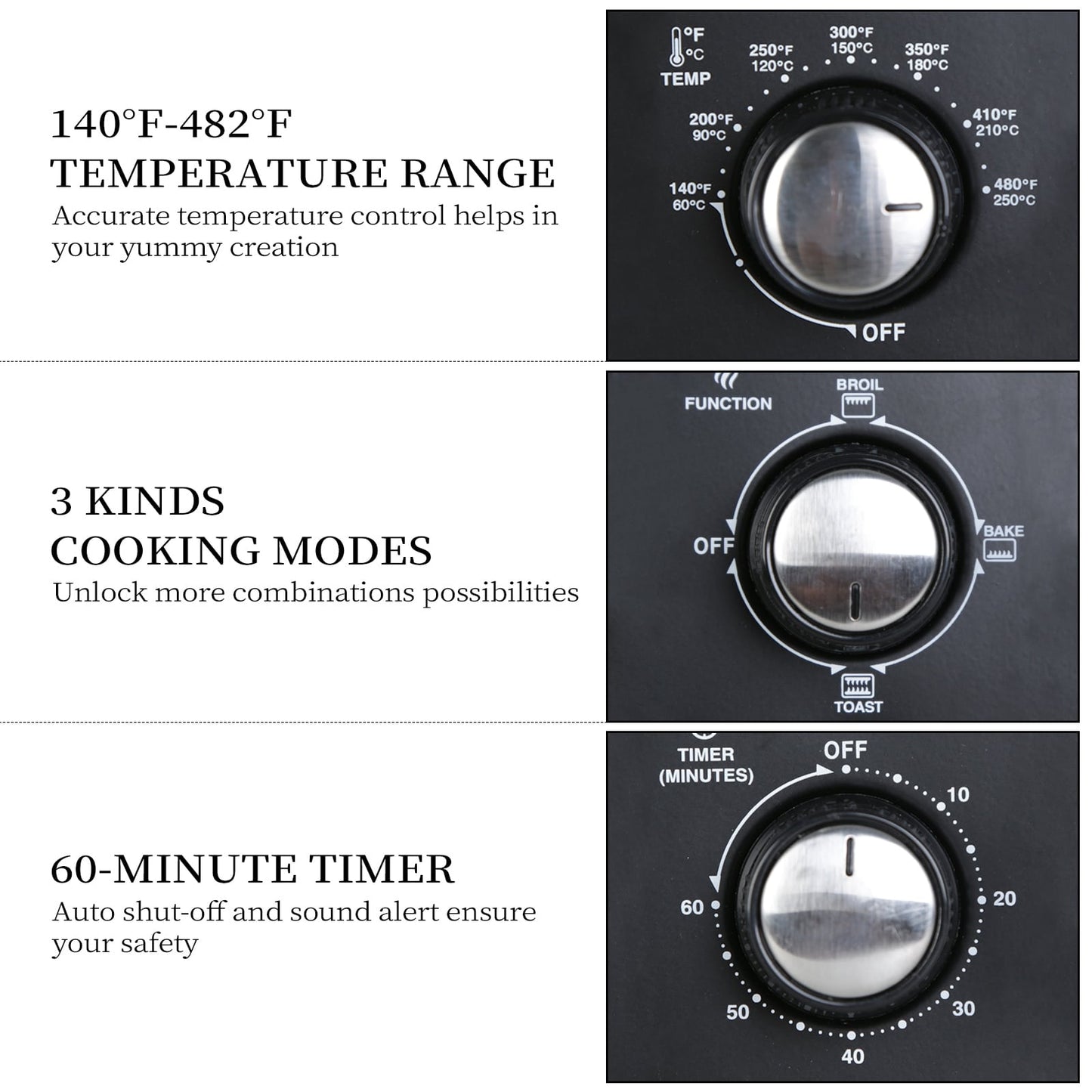 Four grille-pain simple d'une capacité de 20 litres, format compact, facile à utiliser grâce à sa minuterie et ses fonctions de cuisson, de gril et de grillage.