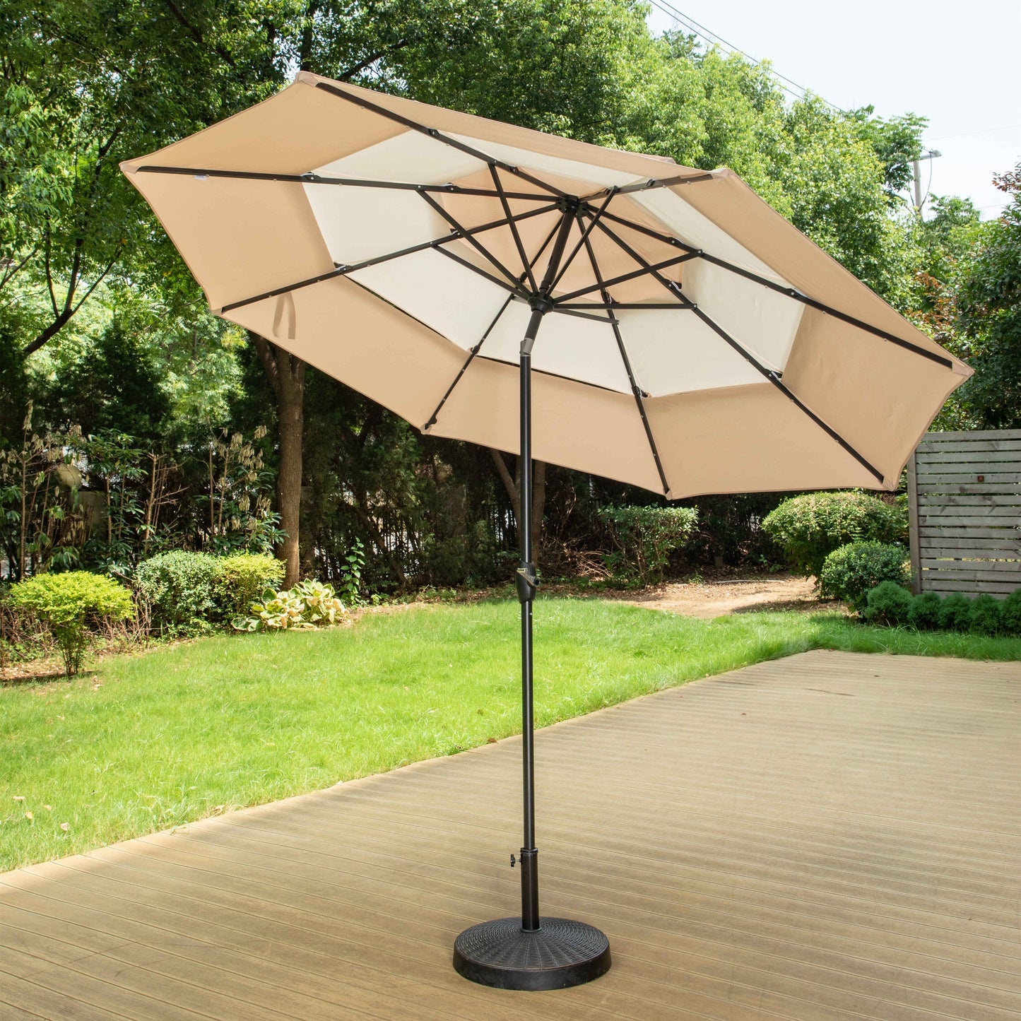 Parasol de terrasse MAISON ARTS de 3 m (10 pi) à 3 niveaux, à inclinaison automatique, double ventilation et éclairage LED