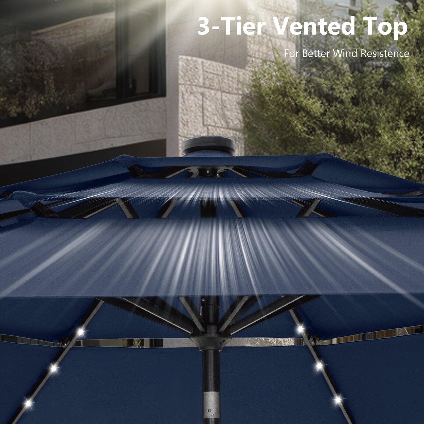 Parasol de terrasse MAISON ARTS de 3 m (10 pi) à 3 niveaux, à inclinaison automatique, double ventilation et éclairage LED