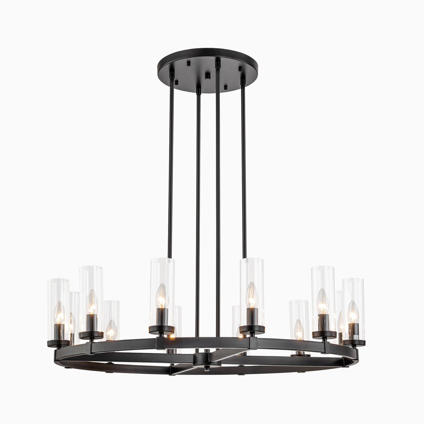 Lustre à 12 lumières en forme de roue de chariot, style moderne du milieu du siècle, en verre transparent, style doré/noir, grand modèle