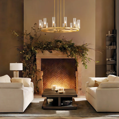 Lustre à 12 lumières en forme de roue de chariot, style moderne du milieu du siècle, en verre transparent, style doré/noir, grand modèle