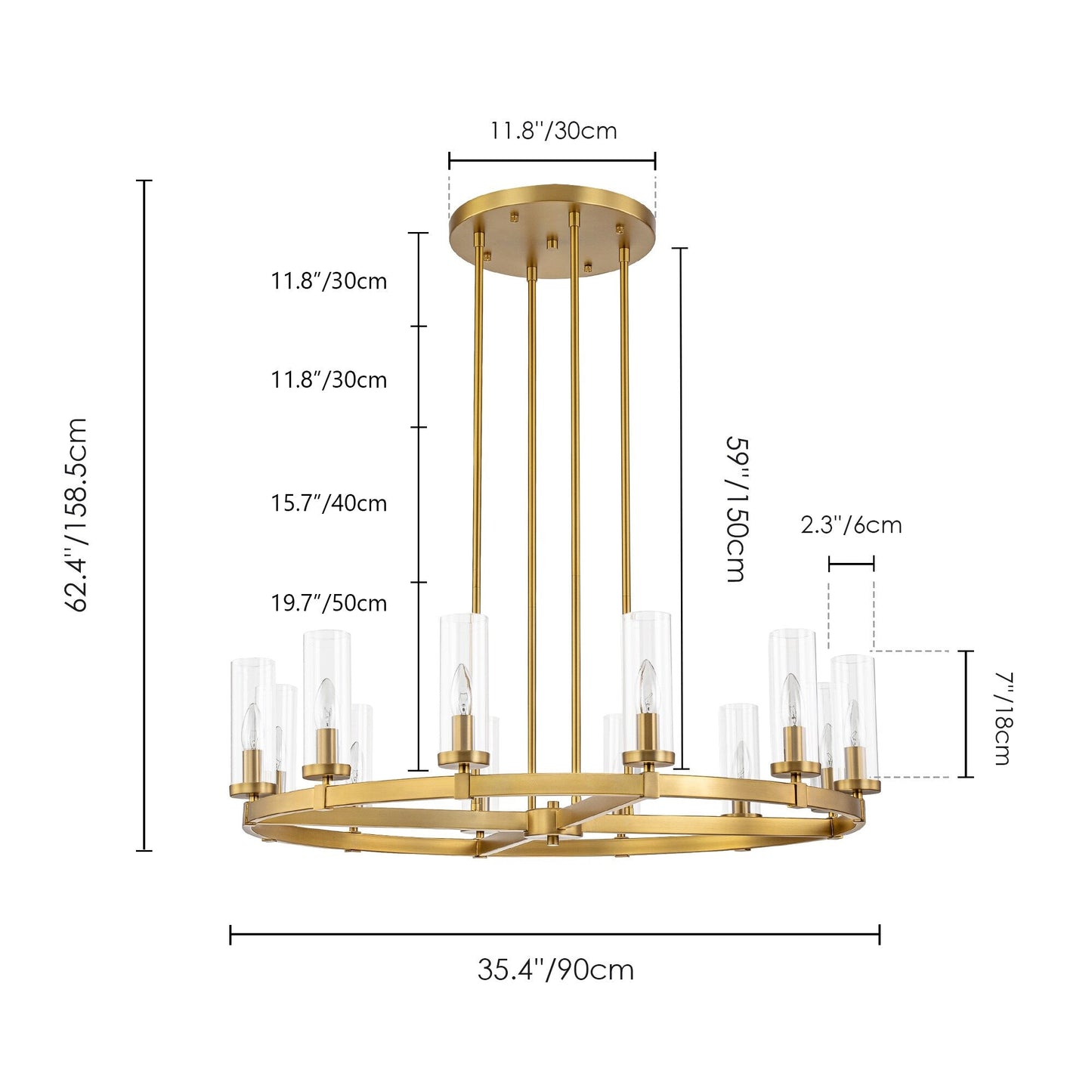Lustre à 12 lumières en forme de roue de chariot, style moderne du milieu du siècle, en verre transparent, style doré/noir, grand modèle