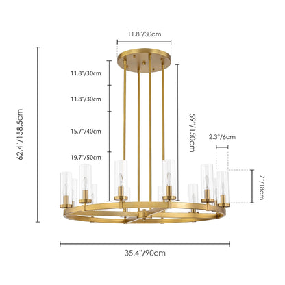 Lustre à 12 lumières en forme de roue de chariot, style moderne du milieu du siècle, en verre transparent, style doré/noir, grand modèle