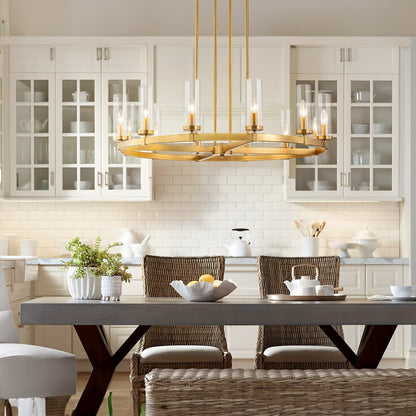 Lustre à 12 lumières en forme de roue de chariot, style moderne du milieu du siècle, en verre transparent, style doré/noir, grand modèle