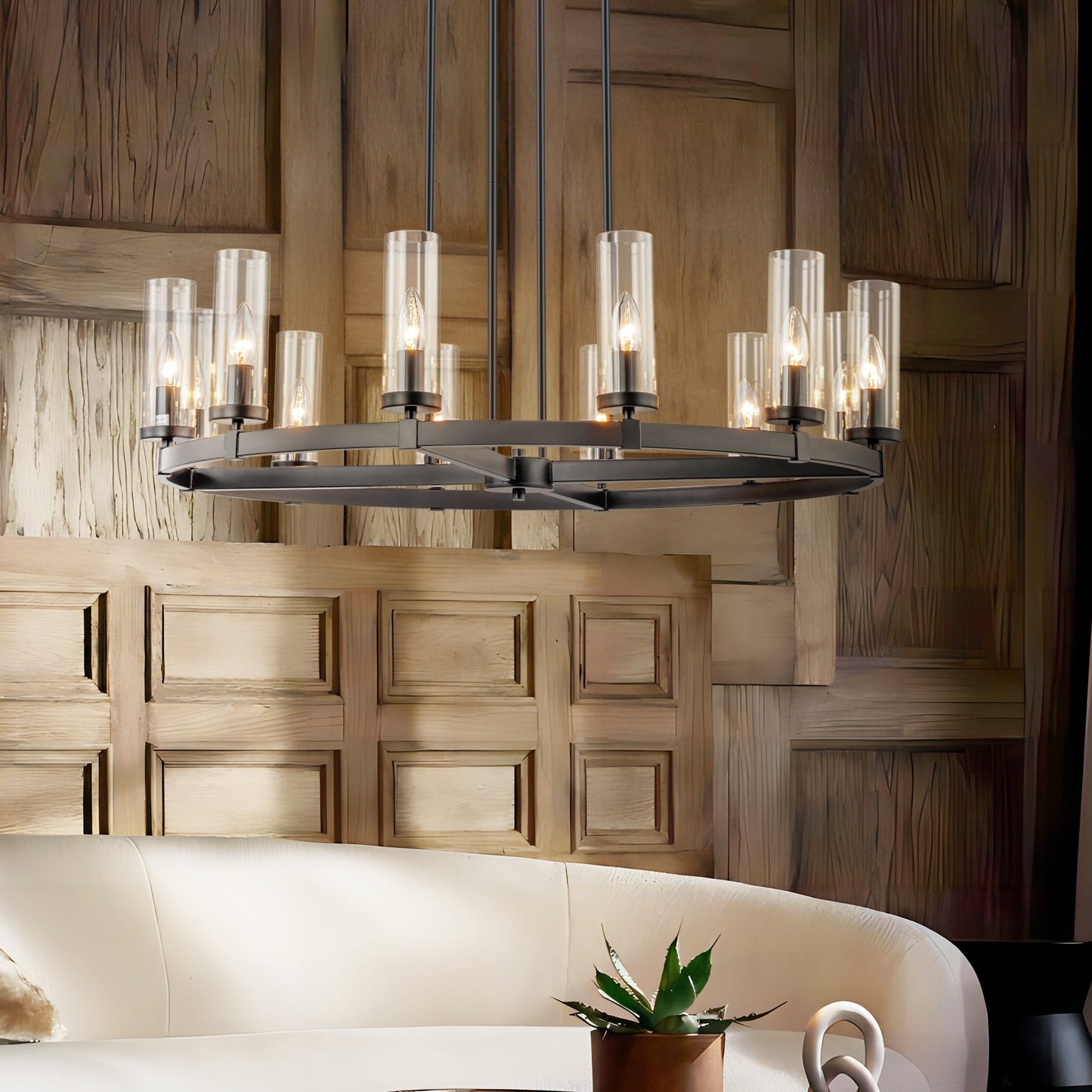 Lustre à 12 lumières en forme de roue de chariot, style moderne du milieu du siècle, en verre transparent, style doré/noir, grand modèle