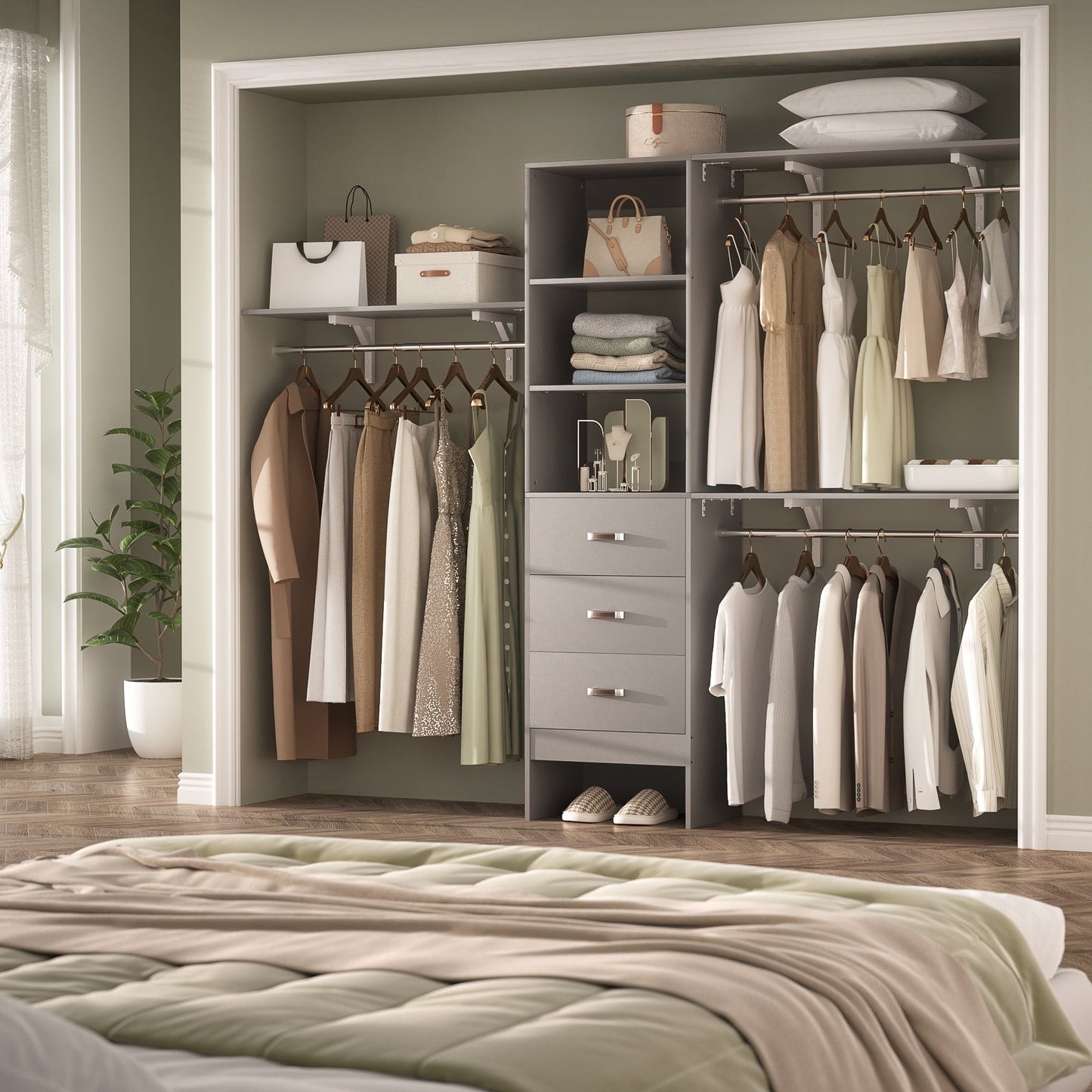 Organisateur de placard ajustable Rackcog 120'' avec tiroirs, système de placard avec étagères à monter soi-même pour placards et dressings