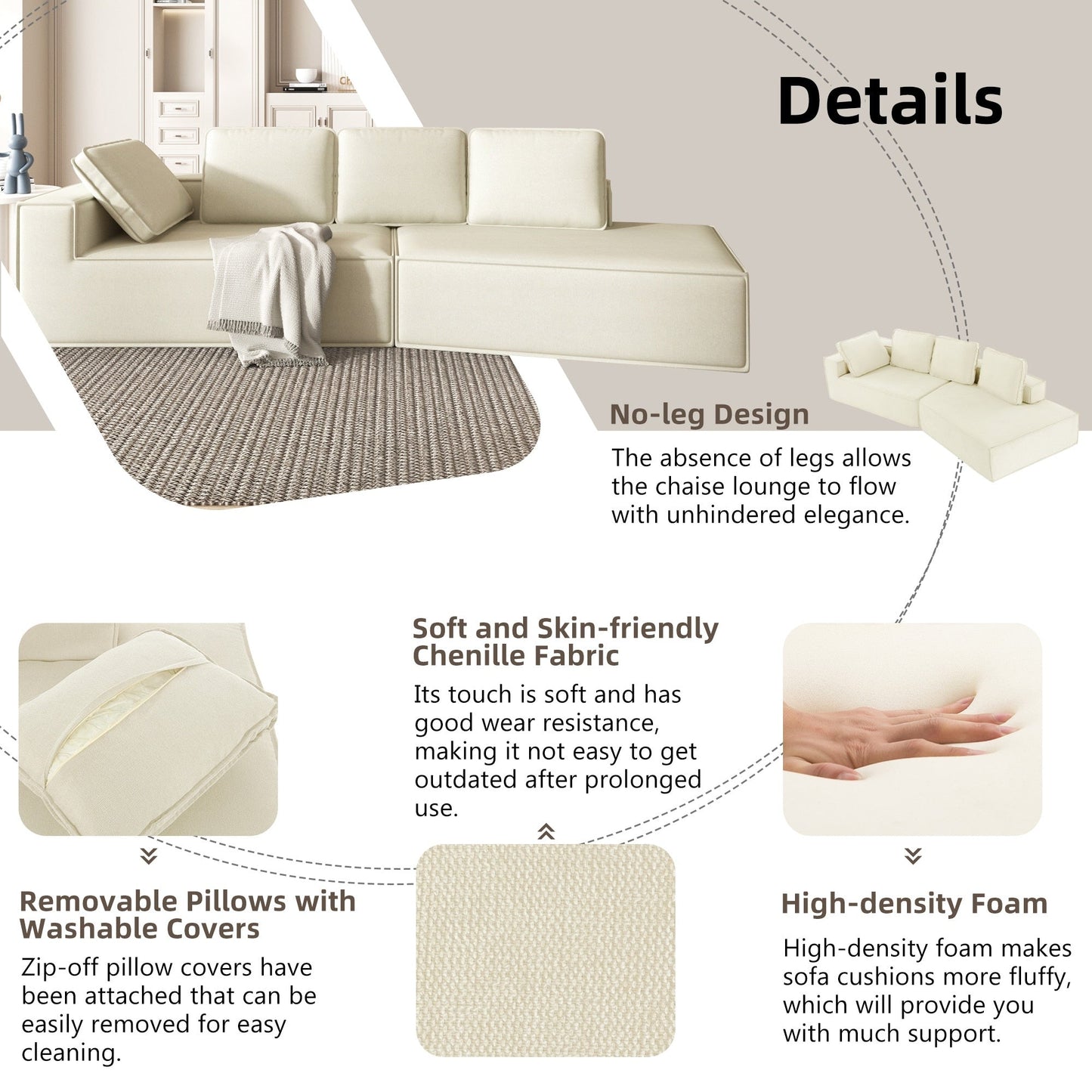 Canapé-lit d'intérieur moderne et élégant, 125 cm, aux lignes épurées, pour le salon, beige