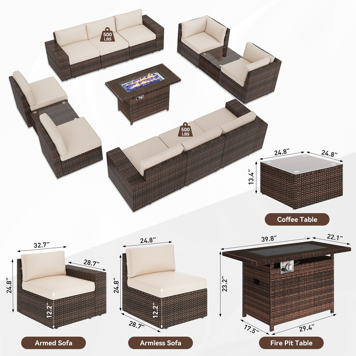 Ensemble de meubles de patio 13 pièces avec table de foyer 44