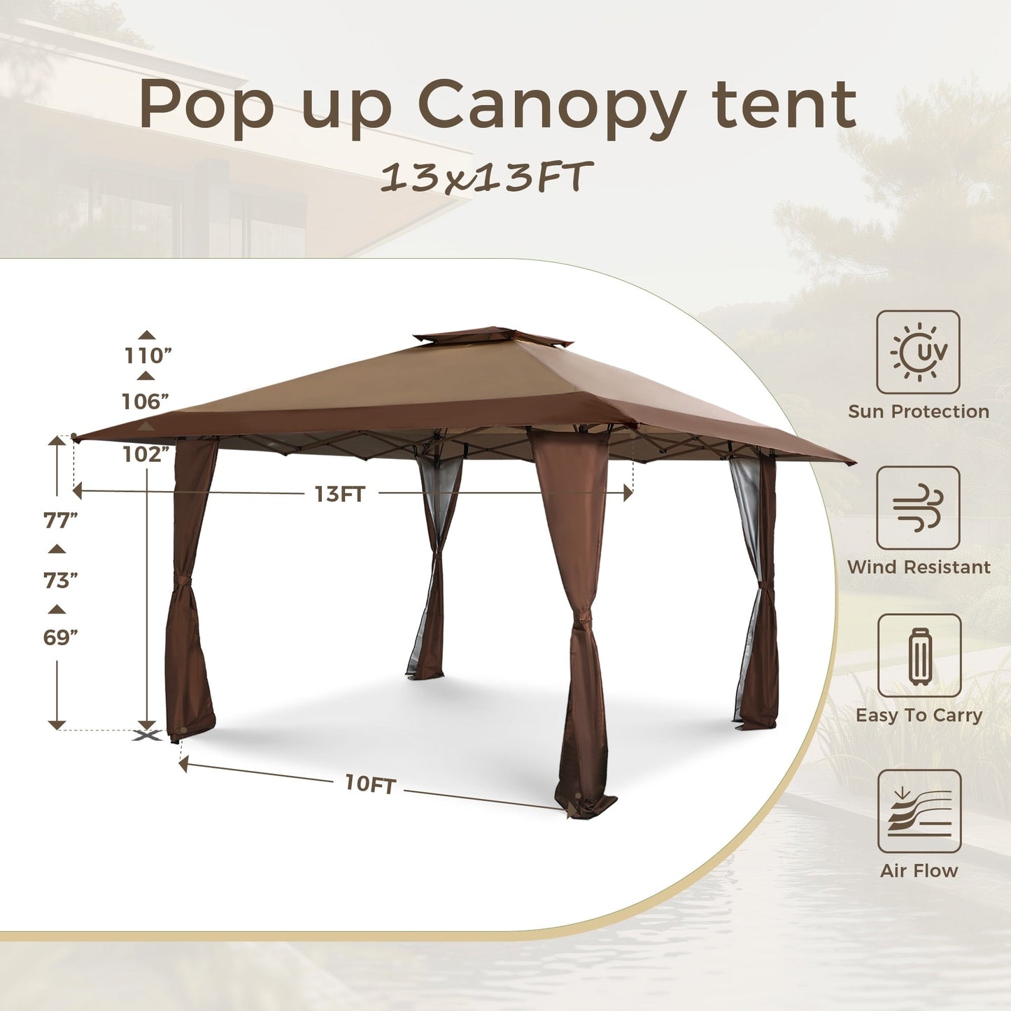 Gazebo de jardin renforcé escamotable avec rideau d'angle élégant - 13 x 13 pi