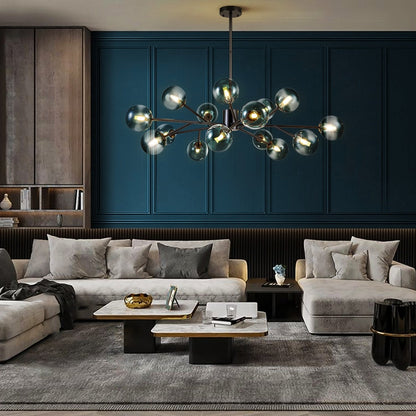 Lustre linéaire moderne à 15 lumières pour îlot de cuisine Sputnik avec branches et globes en verre