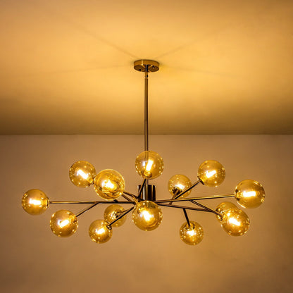 Lustre linéaire moderne à 15 lumières pour îlot de cuisine Sputnik avec branches et globes en verre