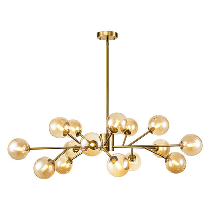 Lustre linéaire moderne à 15 lumières pour îlot de cuisine Sputnik avec branches et globes en verre