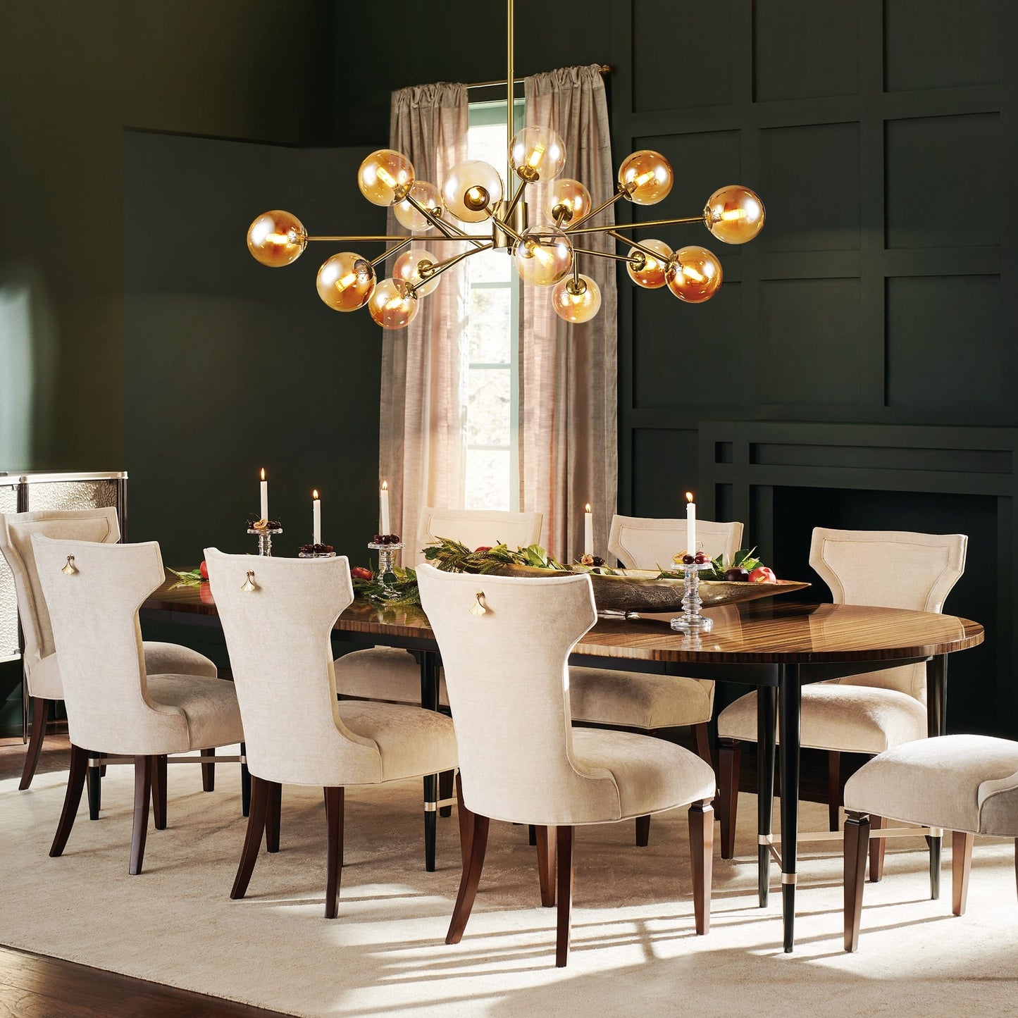 Lustre linéaire moderne à 15 lumières pour îlot de cuisine Sputnik avec branches et globes en verre