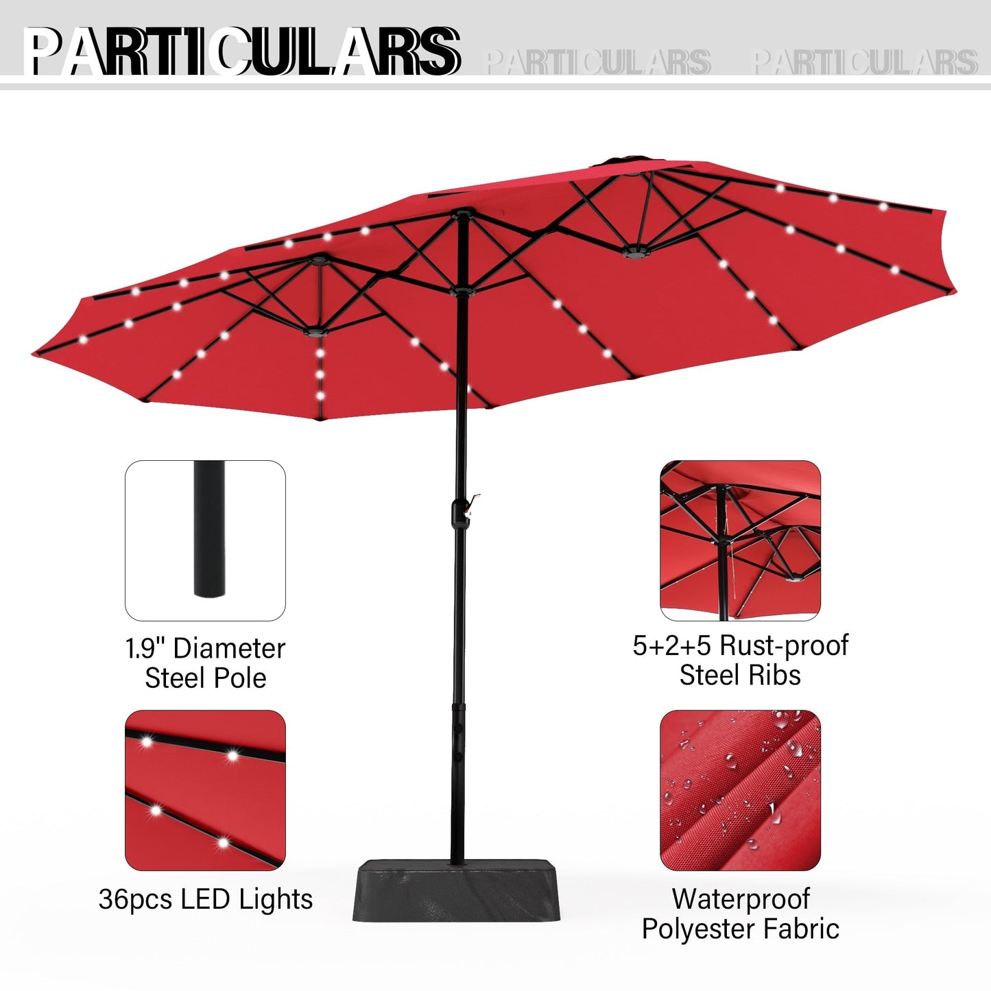 Parasol de marché extérieur rectangulaire à manivelle double face de 15 pieds, parasol de patio éclairé par LED solaire avec base incluse