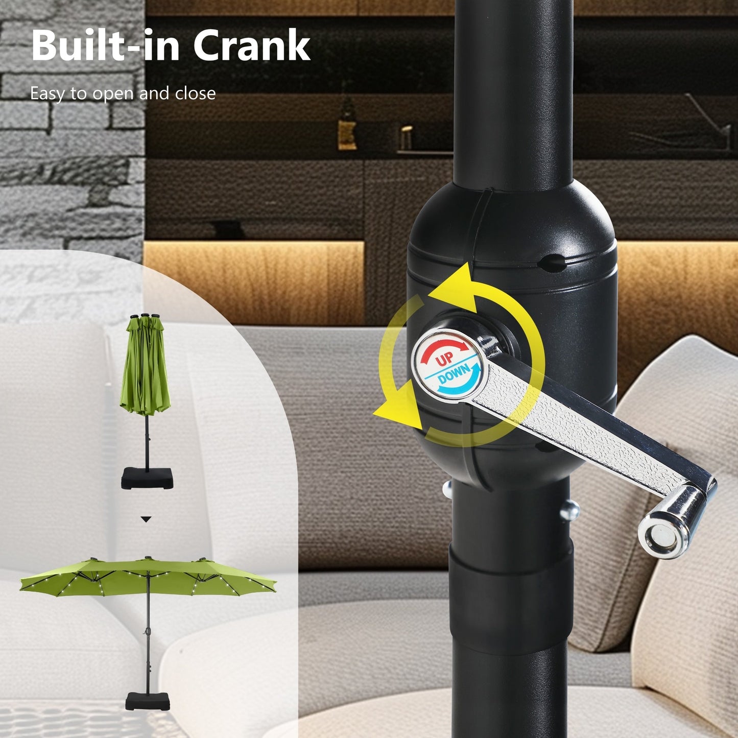 Parasol de marché d'extérieur rectangulaire à manivelle double face MAISON ARTS de 4,57 m (15 pi), avec éclairage solaire à DEL et base incluse