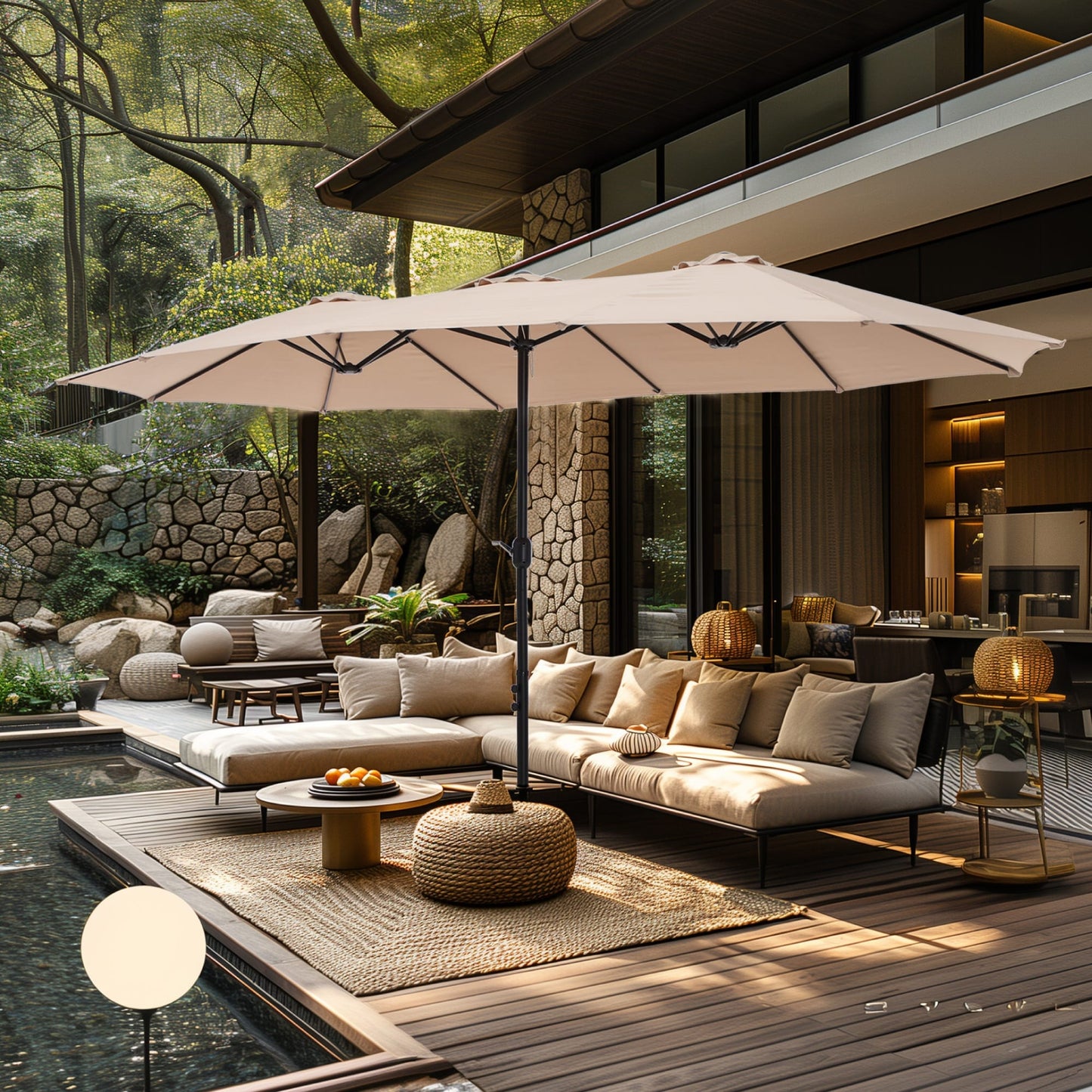 Parasol de marché extérieur rectangulaire à manivelle double face de 15 pieds, parasol de patio éclairé par LED solaire avec base incluse