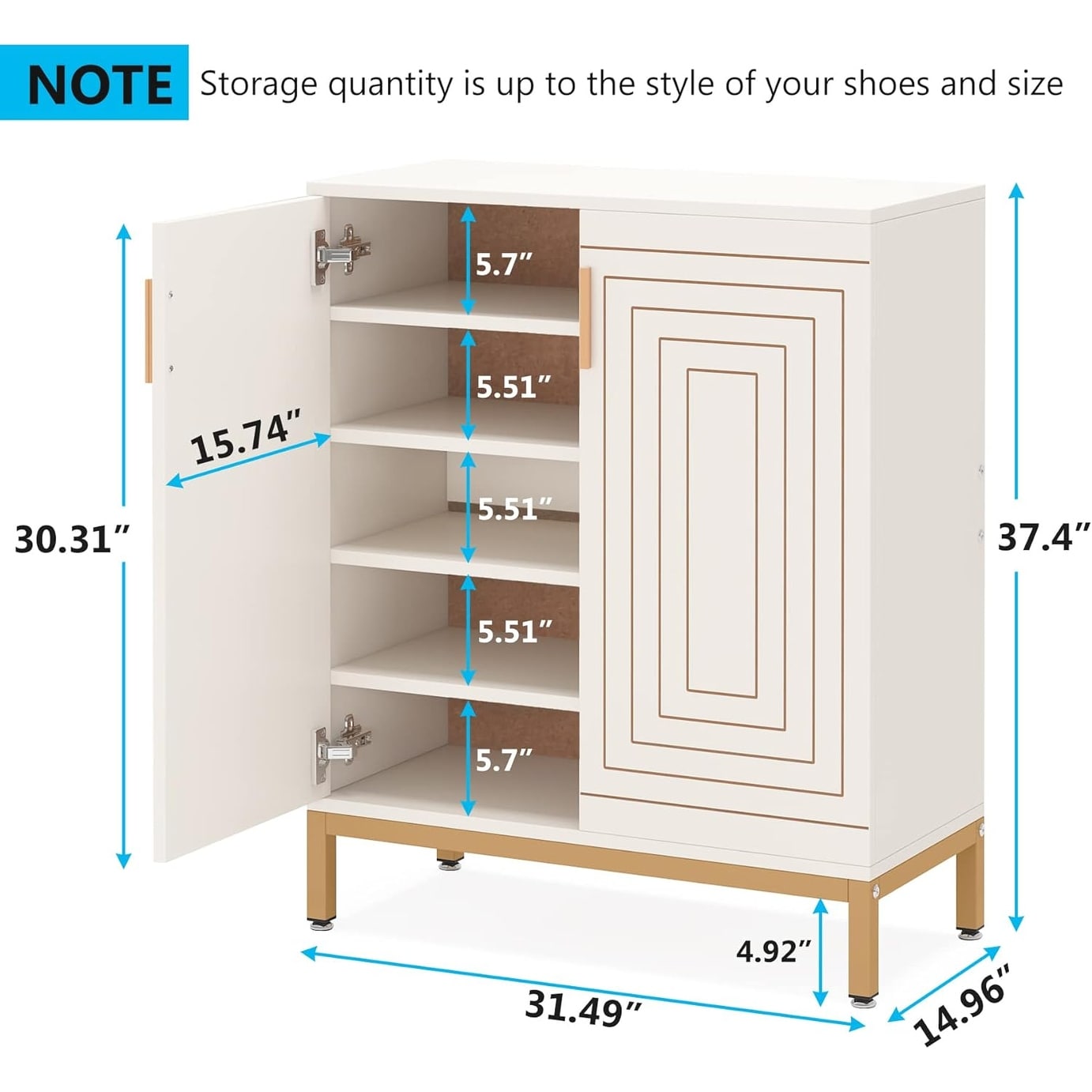 Meuble à chaussures moderne de 95 cm avec portes, blanc et doré, pour 20 paires de chaussures