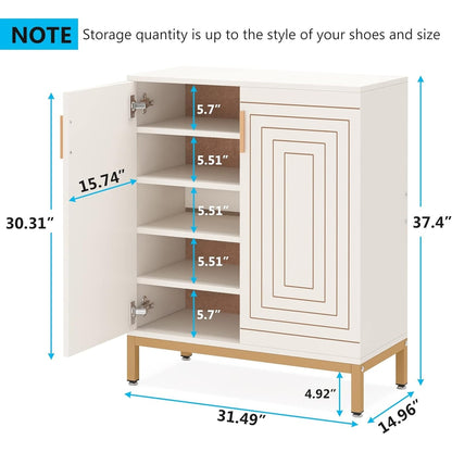 Meuble à chaussures moderne de 95 cm avec portes, blanc et doré, pour 20 paires de chaussures