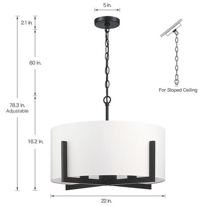 Lustre suspendu noir mat à 4 lumières de 22 po avec abat-jour tambour blanc - 22 W