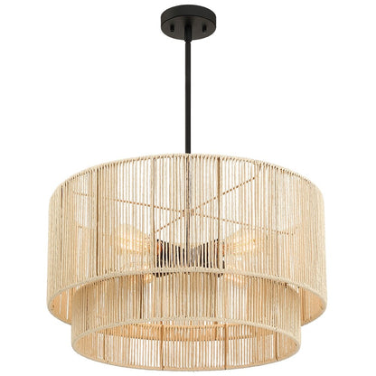 Lustre tambour à 4 lumières en rotin avec auvent noir - 22 po de largeur