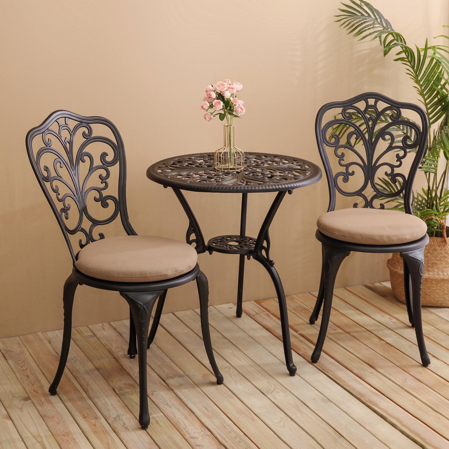 Ensemble de 3 tables et chaises papillon en aluminium pour patio extérieur avec trou pour parasol