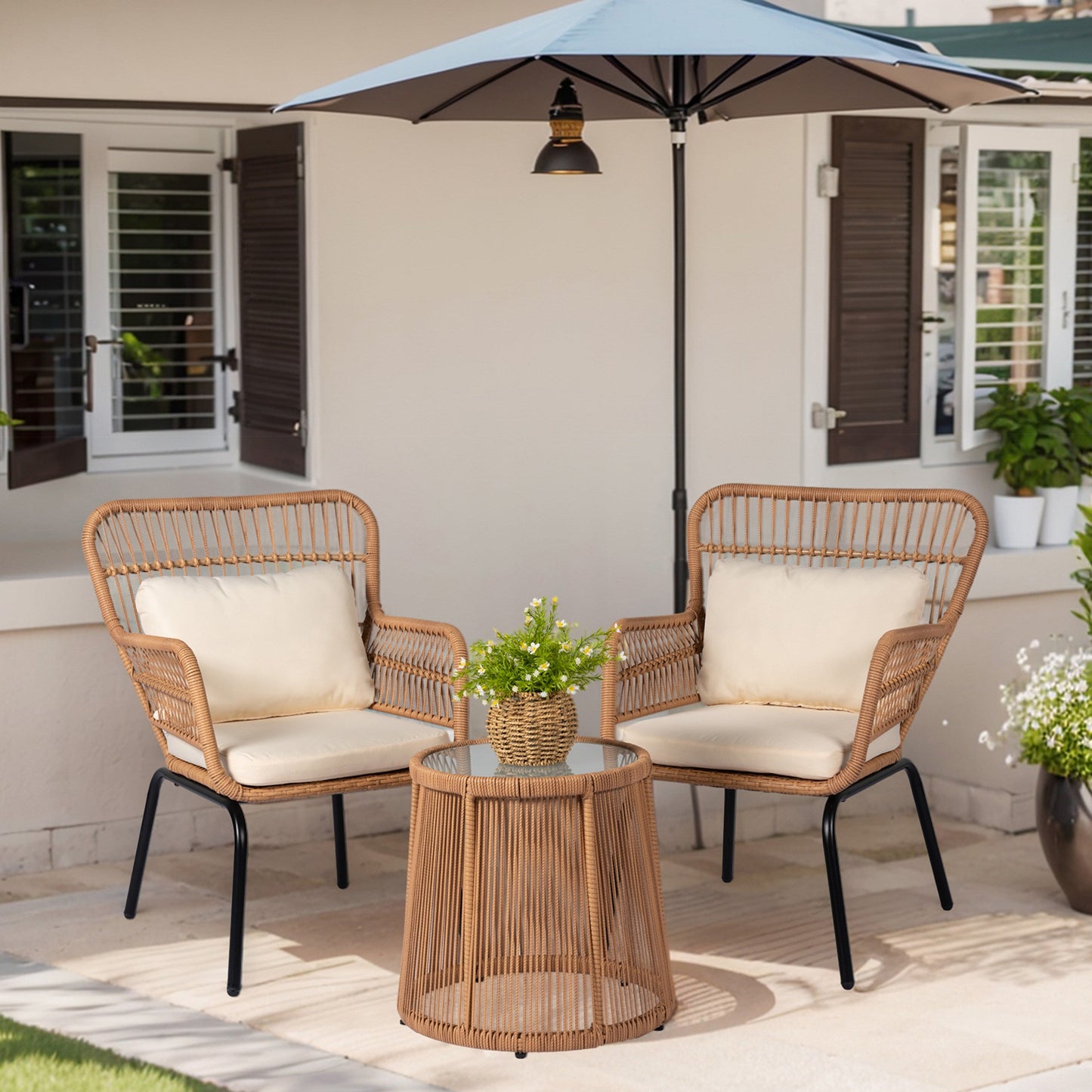 Ensemble de bistrot d'extérieur 3 pièces en osier, mobilier de jardin en rotin toutes saisons, chaises de patio avec coussins
