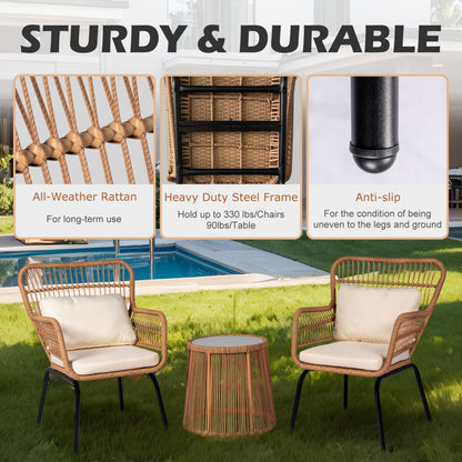 Ensemble de bistrot d'extérieur 3 pièces en osier, mobilier de jardin en rotin toutes saisons, chaises de patio avec coussins