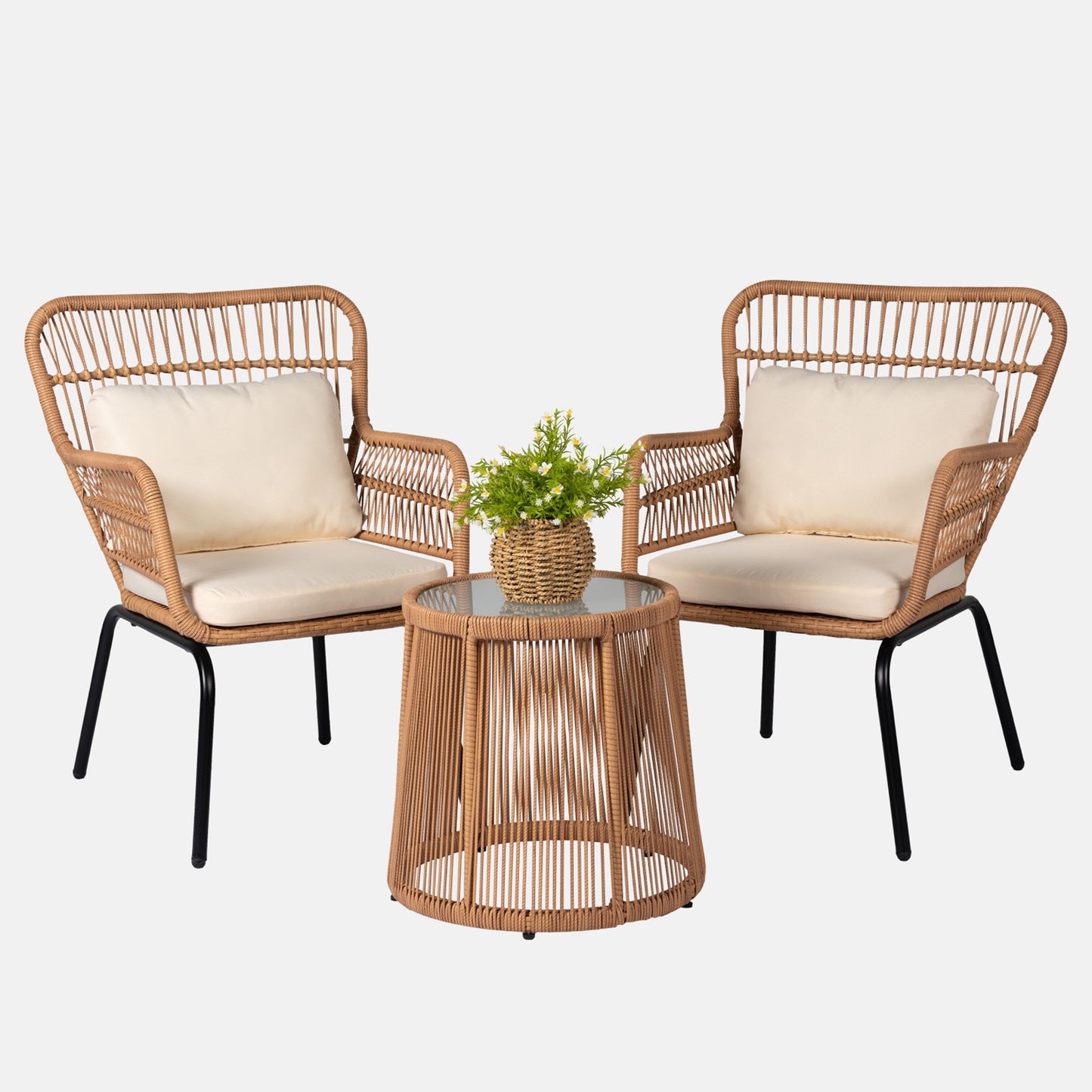 Ensemble de bistrot d'extérieur 3 pièces en osier, mobilier de jardin en rotin toutes saisons, chaises de patio avec coussins