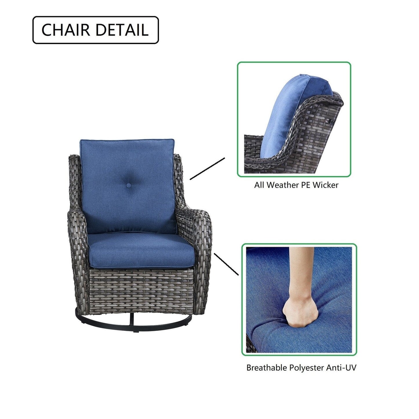 Fauteuil à bascule pivotant d'extérieur Gymojoy 3 pièces en osier avec coussin et table
