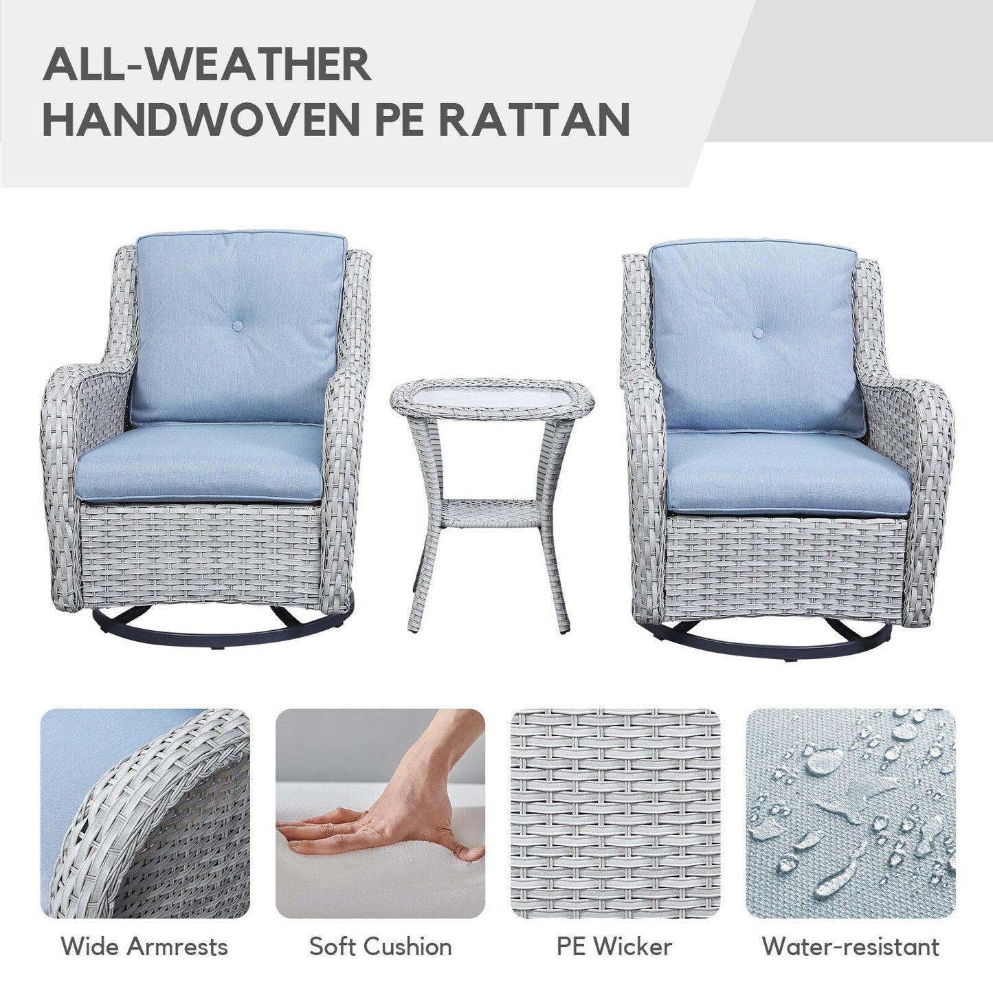 Fauteuil à bascule pivotant d'extérieur Gymojoy 3 pièces en osier avec coussin et table