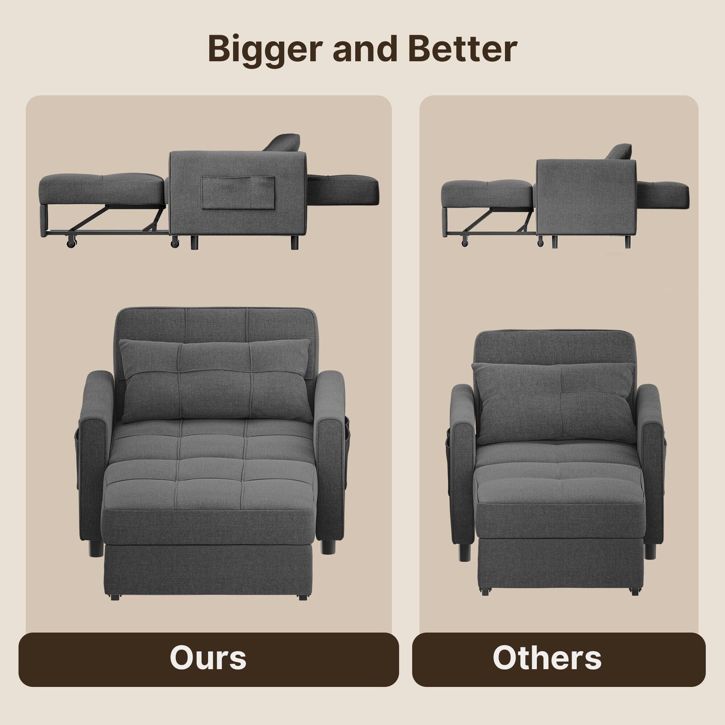 Canapé-lit gigogne 3 en 1, convertible, réglable, pliable et rembourré