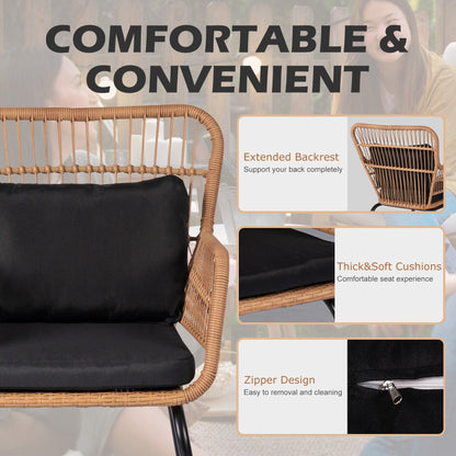 Ensemble de bistrot d'extérieur 3 pièces en osier, mobilier de jardin en rotin toutes saisons, chaises de patio avec coussins