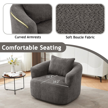 Fauteuil pivotant à 360°, fauteuil d'appoint Boucle 38,2" avec coussin décoratif, fauteuil rembourré en forme de tonneau avec accoudoirs incurvés