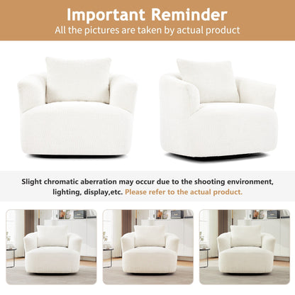 Fauteuil pivotant à 360°, fauteuil d'appoint Boucle 38,2" avec coussin décoratif, fauteuil rembourré en forme de tonneau avec accoudoirs incurvés