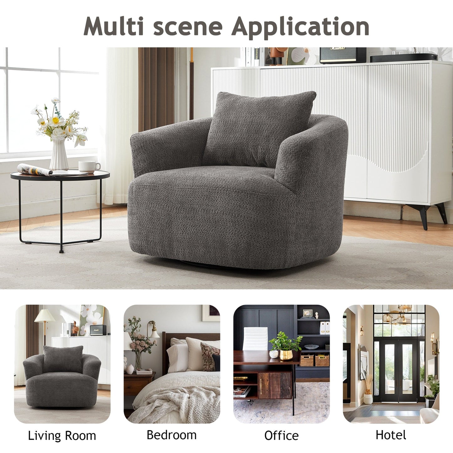 Fauteuil pivotant à 360°, fauteuil d'appoint Boucle 38,2" avec coussin décoratif, fauteuil rembourré en forme de tonneau avec accoudoirs incurvés