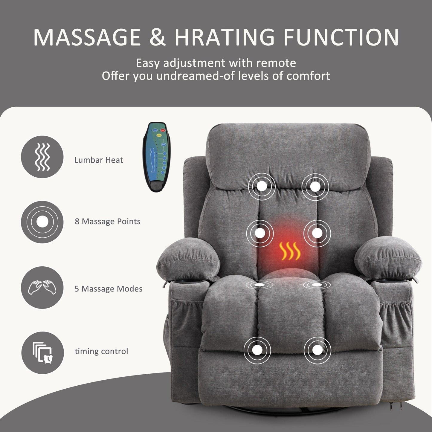 Fauteuil inclinable pivotant à 360° avec massage, chauffage, port USB et porte-gobelets