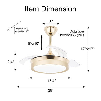 Ventilateur de plafond rétractable moderne Bella Depot 36 avec éclairage LED, pales réversibles à 6 vitesses et télécommande
