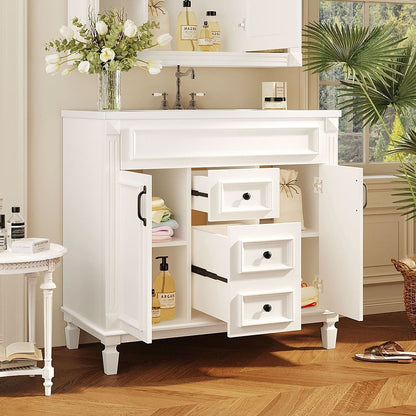 Meuble-lavabo moderne de 36 po avec lavabo supérieur et armoire à miroir, 2 portes et 2 tiroirs