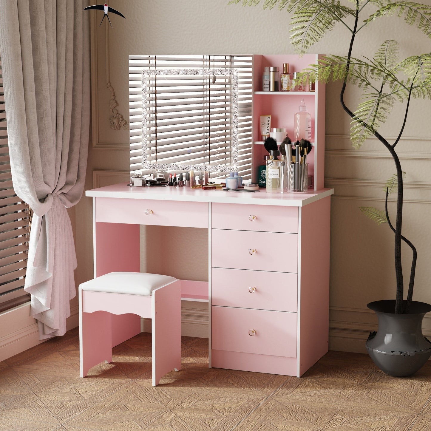 Ensemble de coiffeuse de maquillage de 39,4 po de large avec tabouret et miroir