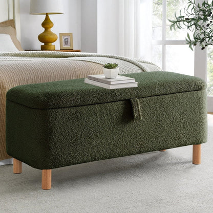 Banc ottoman de rangement en sherpa blanc cassé, repose-pieds, pour salon, chambre à coucher, pieds en bois