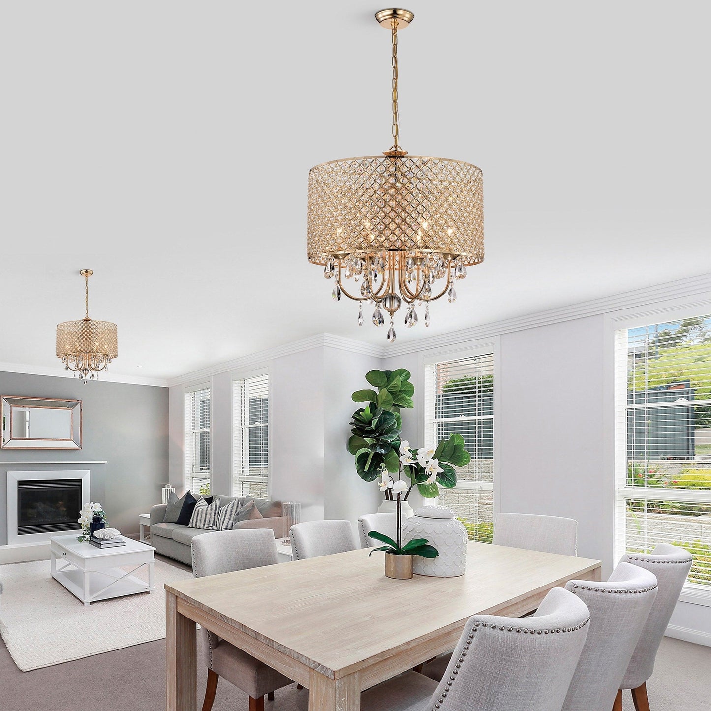 Lustre tambour rond à perles avec cristaux suspendus