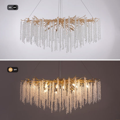 Lustre rectangulaire en cristal doré moderne de 40 po, branches d'arbre, luminaire suspendu pour îlot de cuisine, salle à manger