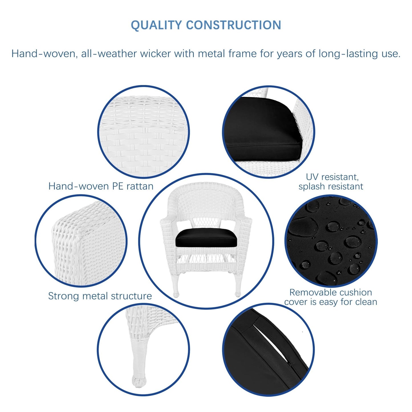 Ensemble de salle à manger en résine tressée blanche 5 pièces
