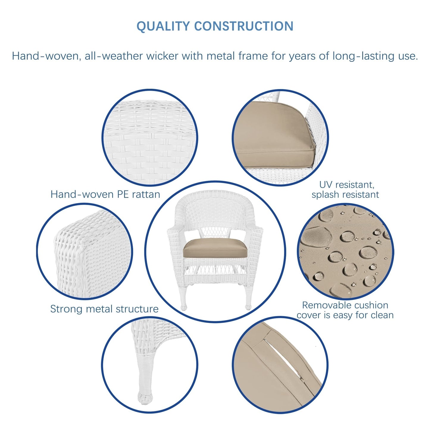 Ensemble de salle à manger en résine tressée blanche 5 pièces