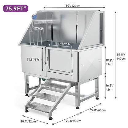 Baignoire de toilettage réglable en acier inoxydable de 50 po de largeur avec rampe et marches