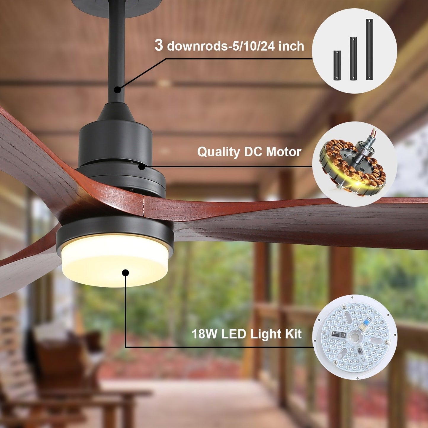 Ventilateur de plafond d'intérieur Sofucor 52 en bois avec éclairage intégré et télécommande (en option).