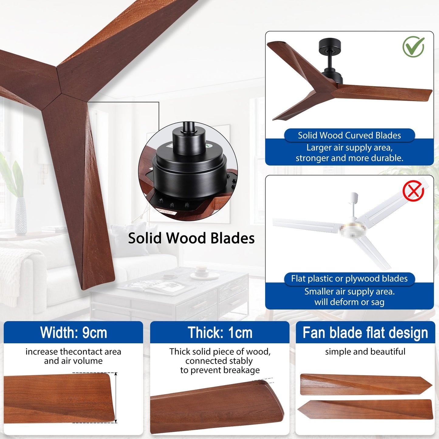 Ventilateur de plafond moderne en bois massif/ABS de 52 pouces avec télécommande (sans lumière), 6 vitesses de vent, flux d'air réversible