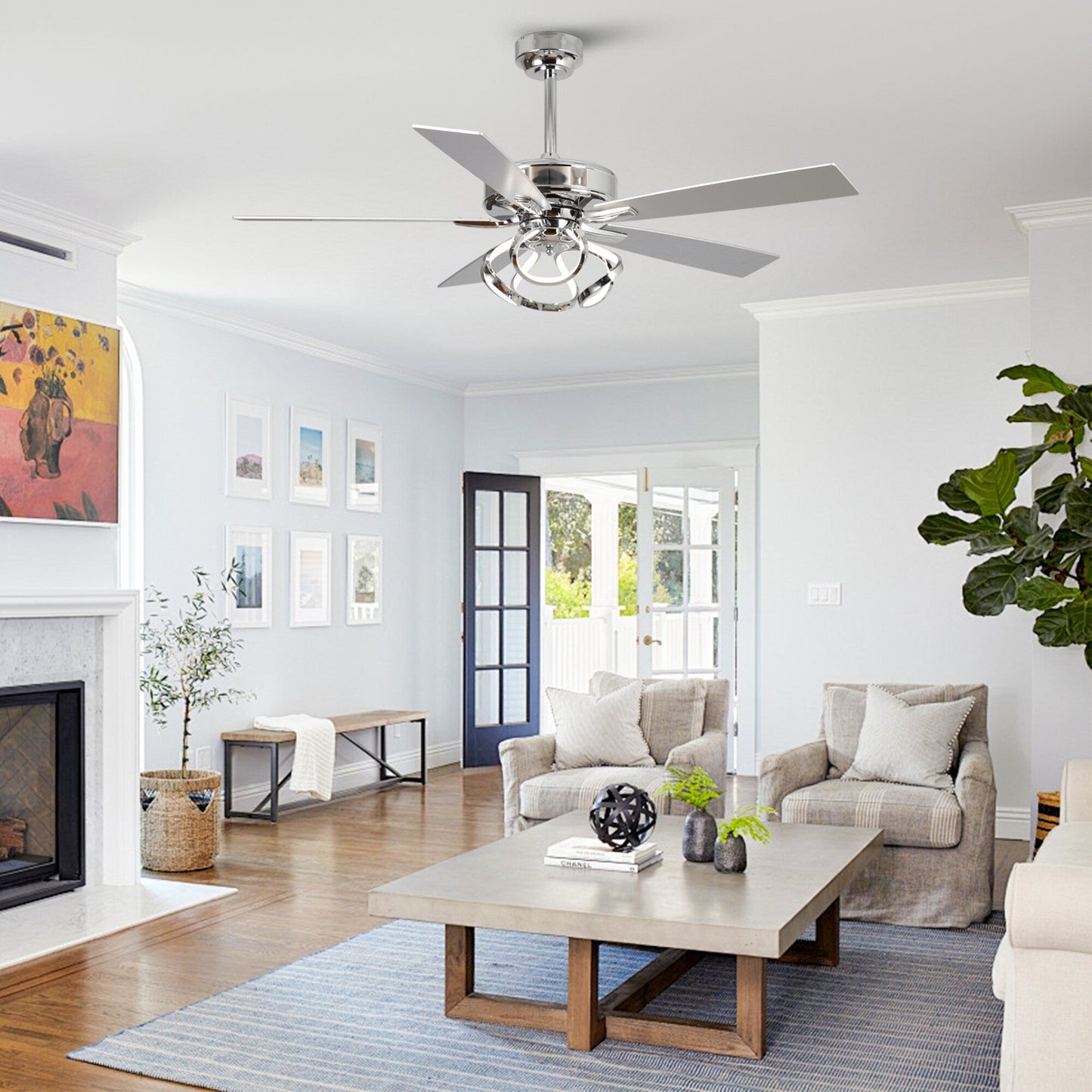 Ventilateur de plafond LED moderne d'intérieur chromé/noir à intensité variable avec lumière et télécommande